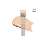 Foundation tube labeled Sensitive Skin Serum in shade N02 Nude with beige swatch behind.