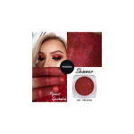 Collage promoting Phoera Shimmer Pigment Eyeshadow in 304 Firehead, showing swatches, lips, and a model with red shimmery eye makeup.