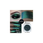 Collage showing emerald shimmer eyeshadow: swatches on fingers, an eyelid, and the jar labeled 305 Emerald by Phoera.
