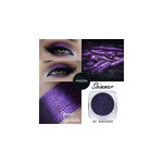 Collage showing purple shimmer makeup: eyes with purple eyeshadow, swatches on skin, and a small jar labeled 'Shimmer' with '307 Berserker' beside a Phoera logo.