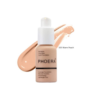 PHOERA foundation bottle in shade 103 Warm Peach with beige liquid swatch behind it, labeled on bottle as soft matte long wear liquid foundation.