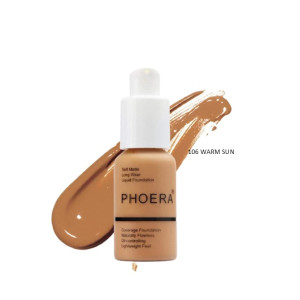 Phoera liquid foundation bottle with 106 Warm Sun shade and beige swatch beside it.