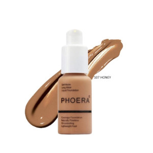 Liquid foundation bottle labeled PHOERA with a swatch in shade 107 HONEY beside it; lightweight, long-wear makeup.