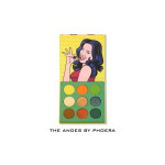 Pop-art style makeup palette with nine circular eyeshadows beneath a yellow dotted backdrop and a woman illustration above; brand text below reads 'The Andes by Phoera'.