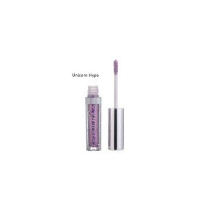 Lip gloss tube in lavender glitter with wand applicator beside; shade name 'Unicorn Hype' visible on the bottle label