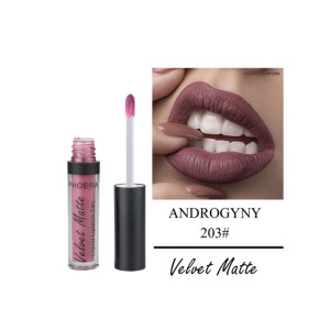Pink velvet-matte liquid lipstick with wand applicator beside a close-up of mauve lips in shade Androgyny 203#.