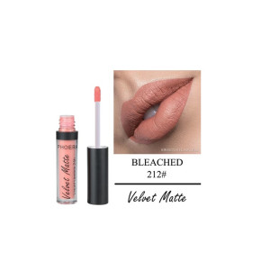 Pink Velvet Matte lip gloss by Phoera with wand next to a lip swatch in Bleached 212# shade.