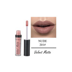 Velvet Matte liquid lipstick in nude shade (201#) with applicator beside, close-up of lips in nude color