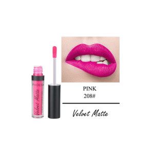 Pink Velvet Matte lipstick tube with wand beside a close-up of lips wearing bright pink lipstick; label shows 'PINK 208#' and 'Velvet Matte'.