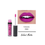 Magenta Velvet Matte lipstick in unicorn shade 206 with wand applicator and swatch on lips along with product box text Velvet Matte (informational).