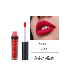 Velvet Matte lip product in red with applicator beside a close-up of red lips; shade Venus 205.