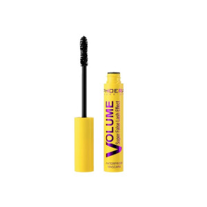 Yellow mascara tube with bold VOLUME branding and a black wand separated from the cap.
