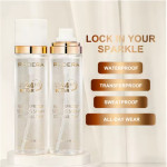 Advertisement showing two clear spray bottles labeled 'PHOERA' with 24HR wear, promoting waterproof, transferproof, sweatproof, all-day wear. Text: 'Lock in your sparkle' and four badges on the right.