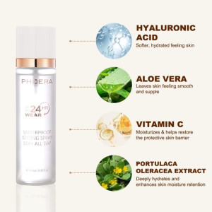 Spray bottle labeled PHJERA with four benefit icons beside it: Hyaluronic Acid, Aloe Vera, Vitamin C, Portulaca Oleracea Extract.