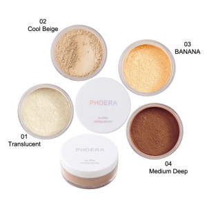 PHOERA setting powder palette with five shades: Translucent, Cool Beige, Banana, Medium Deep, arranged around central jars.