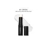 Phoera highlighter stick in shade 401 Crystal: soft luminous white with a silver pearl finish, cap removed.