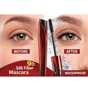 Before and after advertisement for 9D Silk Fiber Mascara—waterproof formula with red tube framing the mascara wand on a split-face backdrop.