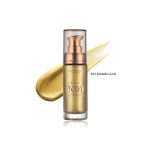 Gold metallic body luminizer bottle with pump, accompanied by a gold swatch smear behind it