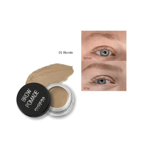 Brow pomade in shade 01 Blonde with a swatch and open jar, plus a before/after eyebrow enhancement image.