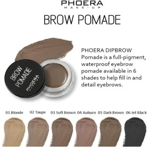 Phoera Brow Pomade ad showing a jar and brush stroke of brow product with six shade swatches labeled 01 Blonde to 06 Jet Black.