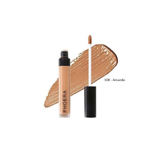Tube of liquid concealer in shade 108 Amande with applicator wand and swatch across a white background.