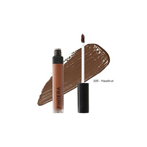 Phoera liquid lipstick in shade 109 Hazelnut with wand applicator and brown swatch on white background.