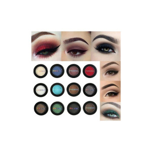 Phoera eyeshadow palette with 16 round pans and close-up eye looks in red, brown, black, and teal tones.