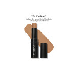 Foundation in shade 206 Caramel for medium skin tones, neutral with peach undertones, shown with a beige swatch behind the applicator.