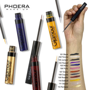Phoera makeup display featuring liquid liners in blue, gold, and red, with swatches on a forearm and a hand holding a precision brush pen showing shade numbers.