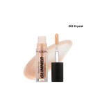 Lip oil product shot: Phoera Glow Reviver Lip Oil in shade 202 Crystal with dropper beside a peachy beige swatch on a white background.