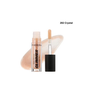 Lip oil product shot: Phoera Glow Reviver Lip Oil in shade 202 Crystal with dropper beside a peachy beige swatch on a white background.