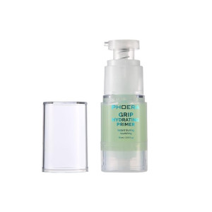 Phoera Grip Hydrating Primer bottle with mint green liquid and clear pump cap, showing a separate clear cap beside it.