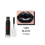 Black liquid lipstick with wand applicator beside a label showing '106# BLACK True Black' and glossy lips image