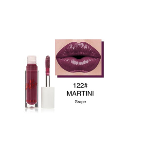 Lip gloss bottle with wand applicator, shade 122# MARTINI in grape color, shown with a purple lip swatch graphic.