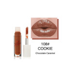 Lip gloss with wand applicator beside label reading 108 COOKIE, Chocolate Caramel shade.