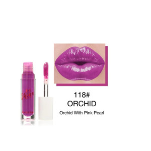 Bright orchid lip gloss with applicator beside a close-up of glossy magenta lips labeled 118# Orchid with Pink Pearl.