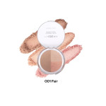 Compact makeup powder open to reveal three shade segments labeled 001 Fair with beige and pink tones, plus swatched powders behind it.