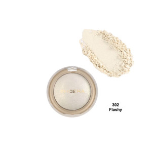 Round beige pressed powder in a compact with a swatch beside it labeled 302 Flashy