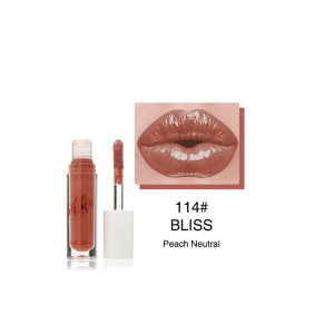 Liquid lipstick in shade 114 Bliss Peach Neutral with applicator and swatch graphic on the right.