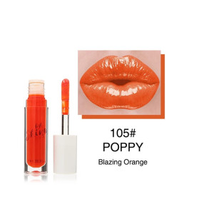 Orange lipstick gloss bottle with applicator and bold lips sample labeled 105# POPPY Blazing Orange, product swatch image.