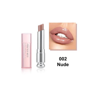 Nude lipstick 002 with pink cap shown beside a glossy lip swatch