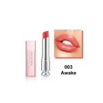 Lipstick tube and cap beside a coral lips swatch labeled 003 Awake.