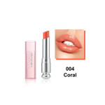 Lipstick tube with coral shade 004 (Coral); swatch on the right shows the color