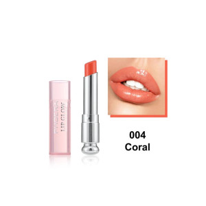 Lipstick tube with coral shade 004 (Coral); swatch on the right shows the color