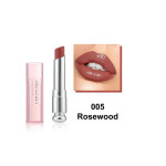 Lipstick product in shade 005 Rosewood with open cap and lips swatch