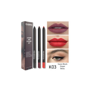Phoera lip liner and eyeliner set with three pencils beside swatches of mauve lips, red lips, and eye makeup; shade code K03 Swan Black Slayer Beau.