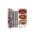 PHOERA lip liner and eyeliner set with three pencils, boxed packaging, and three lipstick swatches on the right.