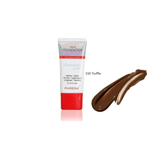 Tube of Phoera Natural Look liquid foundation in shade 110 Truffle with a brown foundation swatch beside it, on white background.