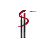 Two black lip liner pencils with red caps and a red lipstick swatch behind them, shade 02# Cherry (informative product image).