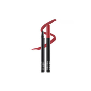 Two black lip liner pencils with red accents, placed in front of a red lipstick swatch on a white background.